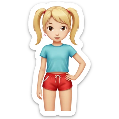 skinny little girl short red dolphin shorts , blond hair, ponytail sticker