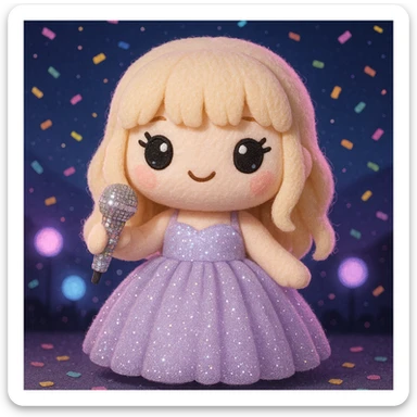 Pretty and girly Blonde pop star with bangs wearing a sparkly tulle light purple ballgown, holding a bedazzled microphone, reimagined as a soft kawaii plushie doll, with a nighttime concert backdrop with colorful confetti sticker