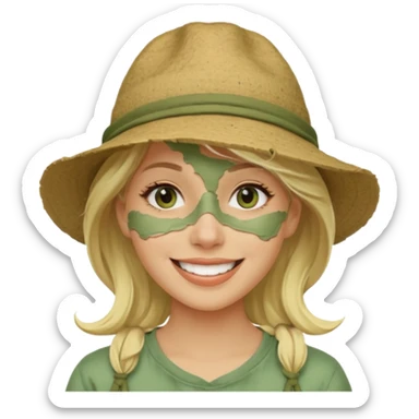 messy green clay mask and tourist hat blond woman  smiling and clay mask on full face sticker