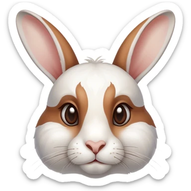 Cinematic Noble White and Brown Rabbit Portrait Emoji, Poised and regal, with a balanced, compact build and a beautifully patterned fur of pristine white accented by rich brown patches, long, alert ears and deep-set soulful eyes, Simplified yet sharp and sophisticated features, highly detailed, glowing with a soft, dignified glow, high shine, intelligent and gentle, stylized with an air of refined charm, focused and attentive, soft glowing outline, capturing the essence of a watchful and confident companion, so majestic it feels as though it could hop out of the screen with effortless authority! sticker
