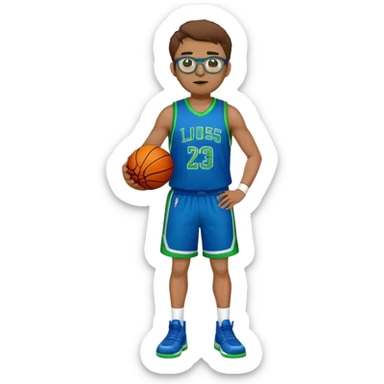 Full Body large white male with brown hair basketball player wearing glasses wearing blue green uniform sticker