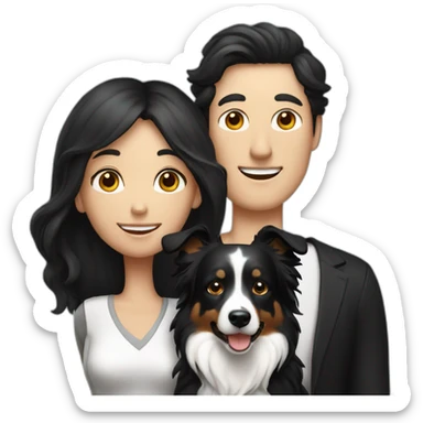 Family formed by a White man on hat and a White woman with long black hair and one small black dog border collie sticker