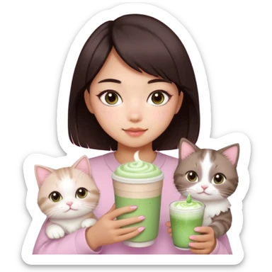 asian girl with short dark brown hair and dark brown eyes with a soft girl pink glowup aesthetic, matcha latte, 2 ragdoll cats, and sparkles sticker