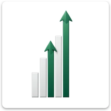 minimalist growth chart with white bars and dark green shadows and details, dark green arrow passing above bars without overlap, clean iOS emoji style, no faces or smileys, white background sticker