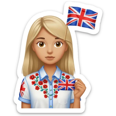 A Ukrainian girl wearing an embroidered shirt and a British flag sticker