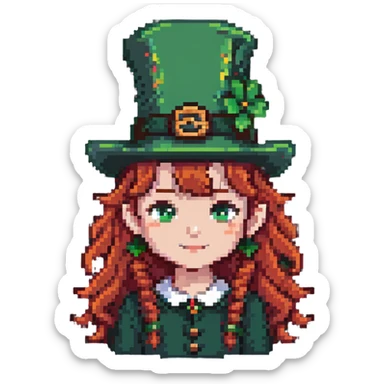 girl with red hair and brown eyes with a leprechaun sticker