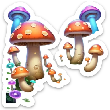  "A whimsical mushroom world filled with giant glowing mushrooms, soft bioluminescent spores floating through the air, and friendly oversized snails with colorful spiral shells exploring the landscape. Fantasy atmosphere, vibrant colors, dreamy lighting, highly detailed sticker