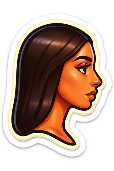 Create a side view (profile) of this woman's head, matching the same cartoon emoji style, with long dark hair and similar facial features. Variant 4. sticker