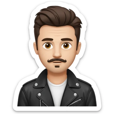 generate emoji style guy with slick James dean hair with front tendrils, mustache and goatee facial hair, wearing a white shirt and a black leather jacket , several silver piercings in ear, with dark brown hair and make eyes more almond shaped inspired by the image I shared sticker