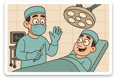 surgery cartoon style, friendly and approachable, doctor and patient, no blood, suitable for educational use sticker