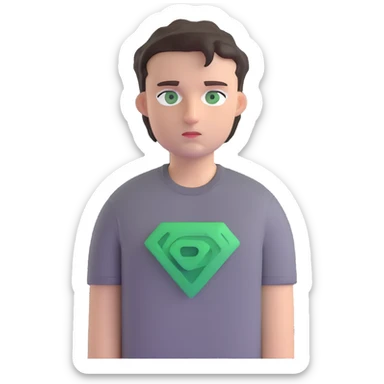 white man with dark messy short hair, dark green eyes, wearing a gray t-shirt sticker