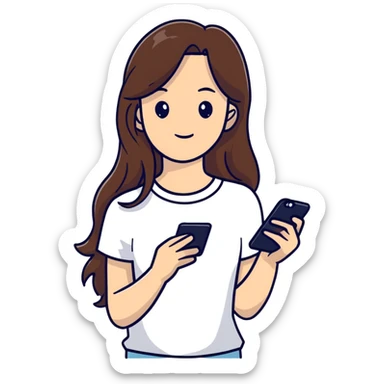 girl with long brown hair wearing a white top holding a smartphone sticker