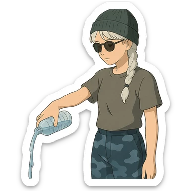 1 female, long white braid, knit cap, dark sunglasses, GRAY T-SHIRT, blue camo pants, gazing slightly down, POURING OUT A WATER BOTTLE on the ground sticker