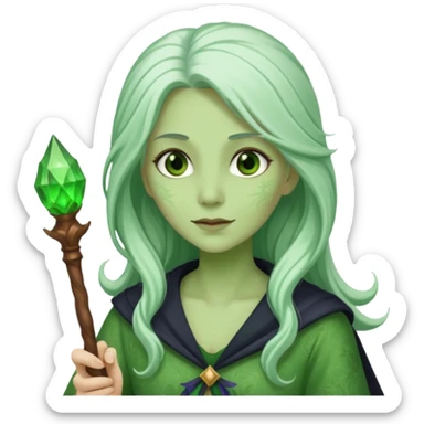 Woman with green skin color with white color long hair and carrying a magic wand sticker