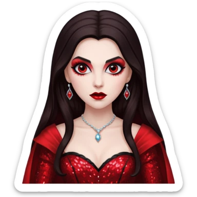 Bride of Dracula with long dark brown hair, red sequin outfit sticker