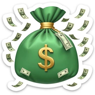 

3D emoji style, big bag of money, flying dollar bills, rich casino vibe, smooth lighting, high detail, clean edges, transparent background



 sticker