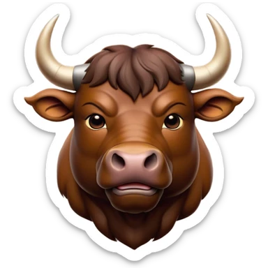 Cinematic Noble Brown Bull Portrait Emoji, Poised and regal, with a massive, muscular build and a sleek, well-groomed rich brown hide, deep-set soulful dark eyes, Simplified yet sharp and sophisticated features, highly detailed, glowing with a soft, dignified glow, high shine, intelligent and formidable, stylized with an air of strength, focused and attentive, soft glowing outline, capturing the essence of a watchful and confident guardian, so majestic it feels as though it could charge out of the screen with effortless authority! sticker