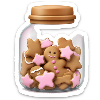 Realistic glass cookie jar with light pink lid full of gingerbread cookies isolated.  sticker