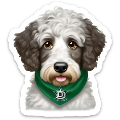 Merle Aussiedoodle wearing a bandana with the NHL Dallas Stars hockey team logo sticker