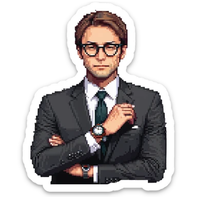 pixel art image of a businessman in a suit, waist up, hand under chin, looking to the side thoughtfully, wearing stylish glasses, luxury watch visible on wrist, contemplative and curious mood, clean background sticker