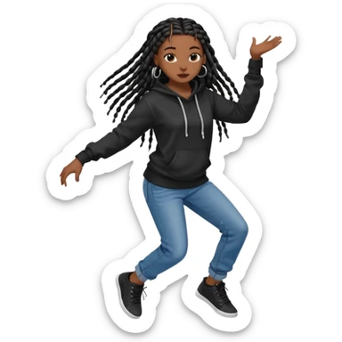 African American dark skin girl with long black box braids wearing a plain black hoodie wearing denim jeans and shoes dancing in music video sticker