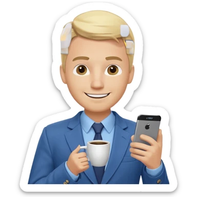 Confident and outgoing male entrepreneur, Caucasian features, blonde hair, big friendly smile, expressive eyes, defined eyebrows, wearing a blue blazer over a light blue shirt, holding a smartphone in one hand and a coffee cup in the other, waist-up, front-facing sticker