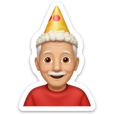 old man with warming smile, red shirt and birthday cone on his head sticker