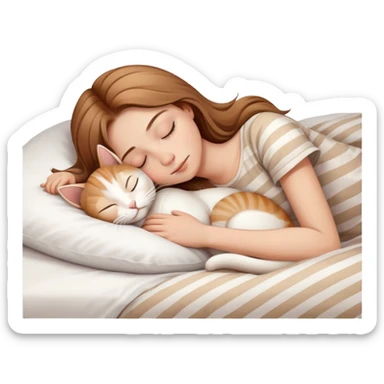 side view light brown haired teenage girl sleeping with white cat that has beige stripes on a white pillow with white sheets sticker