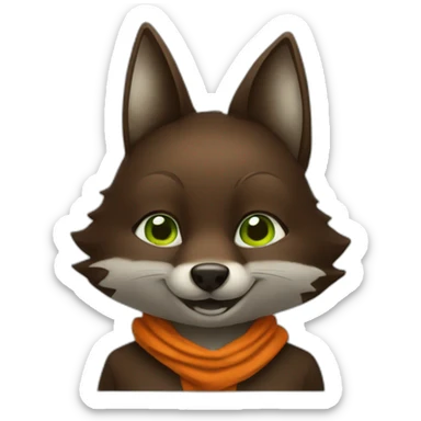 a small dark brown fox with orange eyes with a dark green hood that smile sticker