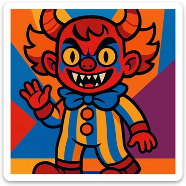 child demonic clown with horns and fangs, vibrant cartoonish style sticker