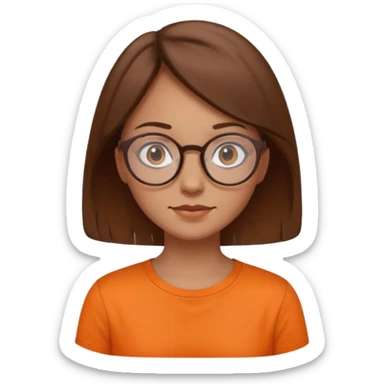 brown hair woman with round glasses orange shirt no smile sticker