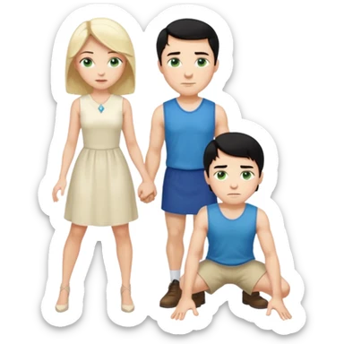 King, man, upright, black Hair, blue eyes, whole body, Woman, bending knees, blonde, green eyes, sleveless White Dress, sticker