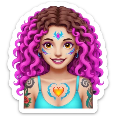 woman with long curly brown hair, brown eyes, white skin, tattoos, fake innocent smile with chaotic neon aura sticker