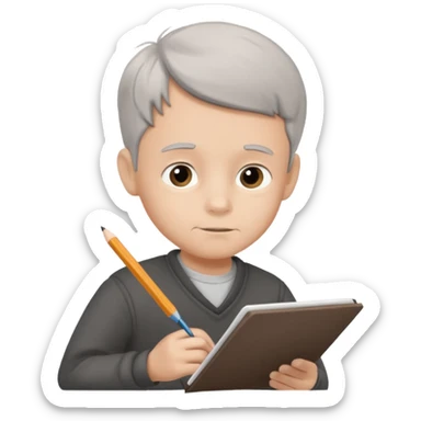 boy ,drawing pic of grandpa on the notebook, characoal sticker