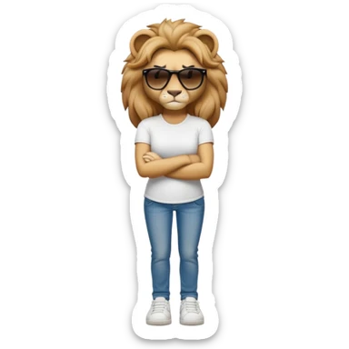 confident anthropomorphised female lion, full body, arms folded, wearing jeans, white t-shirt, dark sunglasses, trainers, looking determined sticker