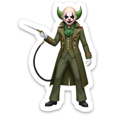 evil clown, bald, black horns on forehead, fangs, pointed ears, eye patch over one eye, long coat over black and military green leisure suit with bellbottom pants, tail, holding a different style of whip, realistically proportioned, less bulky, full body, battle-ready, fighting posture sticker