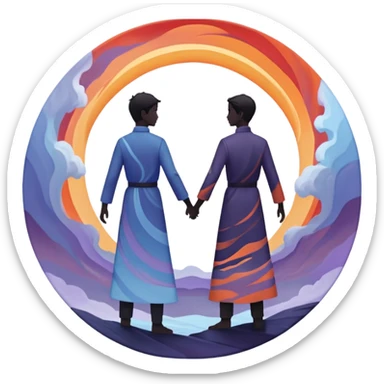 Center composition: Two silhouetted figures standing back-to-back or side-by-side in a circle of calm (soft blues, lavenders, white light)
Around them: Swirling storm energy—abstract shapes, wind lines, chaotic movement in reds, oranges, and dark grays sticker