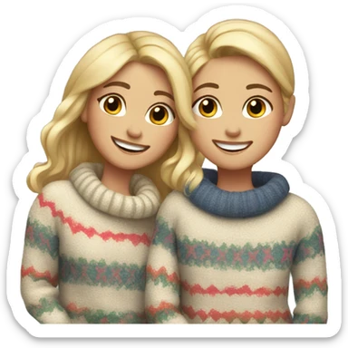 smiling duo in cozy sweaters girl blonde hair  sticker