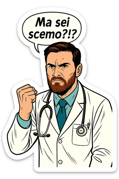 Dottore con la stessa faccia anche con la mano e camicie, dice "Ma sei scemo?!?" sticker