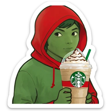 Japanese boy holding Frappuccino in Starbucks cup with a big red laccrose hooding on sticker