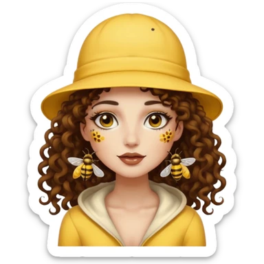 full body woman long curly brown hair brown eyes white skin tattoos wearing bee hat and pollen glow makeup sticker