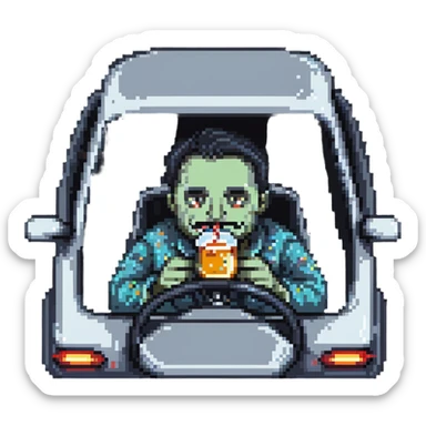 man drinking and driving with exaggerated features, cartoonish, pixel art style sticker