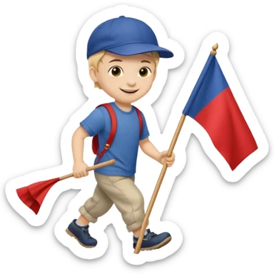 A small boy in a cap, smiling brightly while dragging a flag slightly bigger than him. sticker