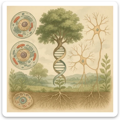 A realistic biological illustration showing: DNA strands transitioning into a tree, cells with visible organelles, neurons connected to plant roots  and a balanced ecosystem background . Seamless integration, no labels or borders. Scientific color scheme, detailed but minimalist. sticker
