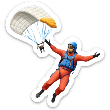 A base jumper soaring through the air, parachute deployed, flying off a steep mountain peak. The background is filled with majestic mountains, clear blue sky, and distant clouds, capturing the exhilarating thrill and beauty of extreme sports. sticker