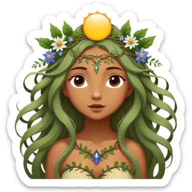 Cinematic Realistic Forest Nymph Fairy Portrait, depicted with lifelike, sun-kissed tanned skin that radiates an earthy glow, softly illuminated by natural, dappled light. Her long, flowing hair is intricately detailed and interwoven with delicate vines and wildflowers, while her deep, soulful eyes mirror the wisdom of the forest. Dressed in an attire inspired by nature’s palette—with subtle botanical motifs—the portrait exudes a soft, enchanted glow that melds realism with woodland magic. sticker