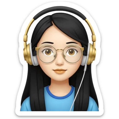 generate an asian female with long black hair, golden rim glasses, and a white headphones sticker