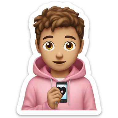 Boy with brown Hair, pink hoddie, holding a Smartphone with a heart  on the Screen sticker