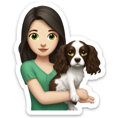 pale skin girl with green eyes with long dark brown hair that has a flower in her hair  holding a black and brown cavalier dog the dog also has a flower in its hair sticker