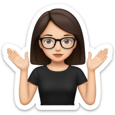 a cute brunette girl in a black dress wearing glasses  with two hands  sticker